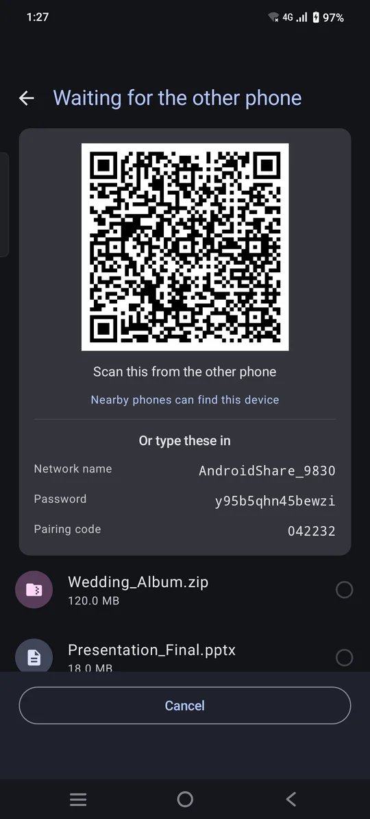 Pairing code shown on the sending phone
